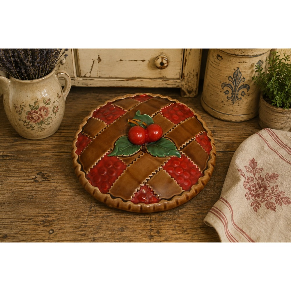 VTG 1950's Trompe L'oeil Cherry Pie Keeper Plate Decorative Cover, Japan
